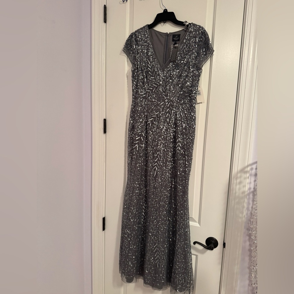 Adrianna Papell Beaded/Sequin Cap Sleeve Silver Dress